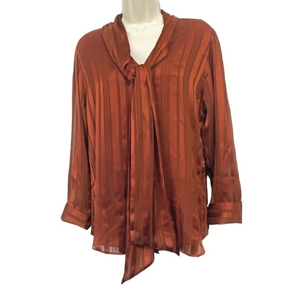 CHICO'S Terracotta Shadow Stripe Satin with Scarf Tie Buttons Top Blouse NWOT - Picture 3 of 10